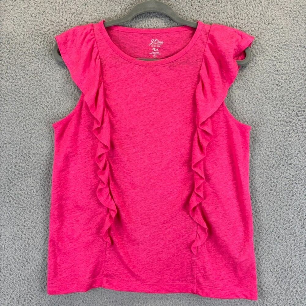 J Crew 100% Linen Tee Small Hot Pink Beachy Coastal Natural Ruffle Flutter 2020